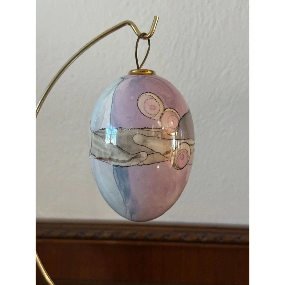 Vintage Artist‎ Signed Purple Gray Egg Glass Hand Painted Lavender Ornament